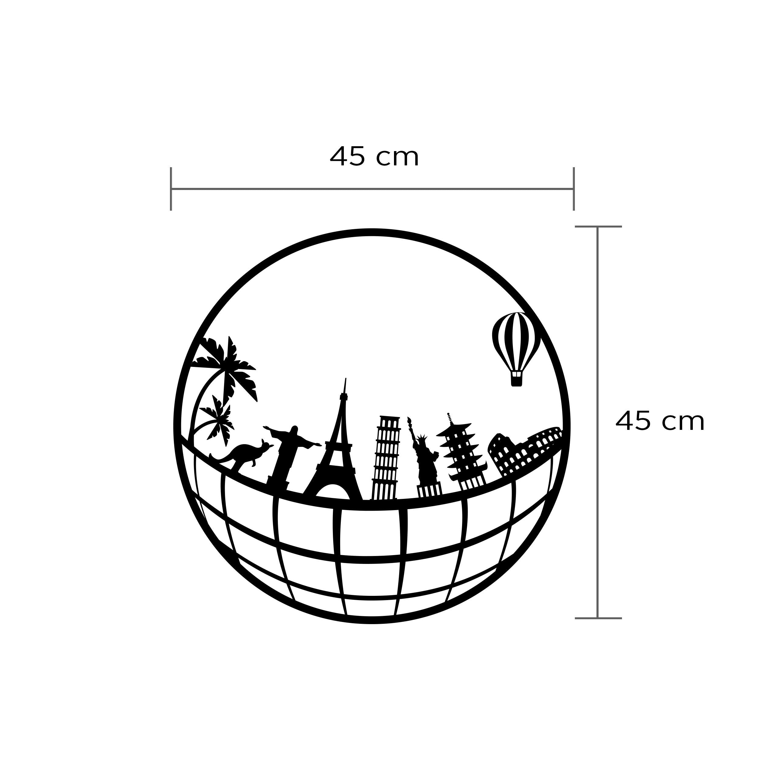 Dimension diagram of the Travel metal wall art showing 45cm diameter