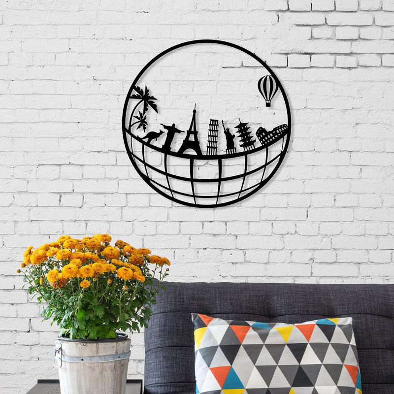 Travel metal wall art in Texture Black, 45cm diameter, hero product shot