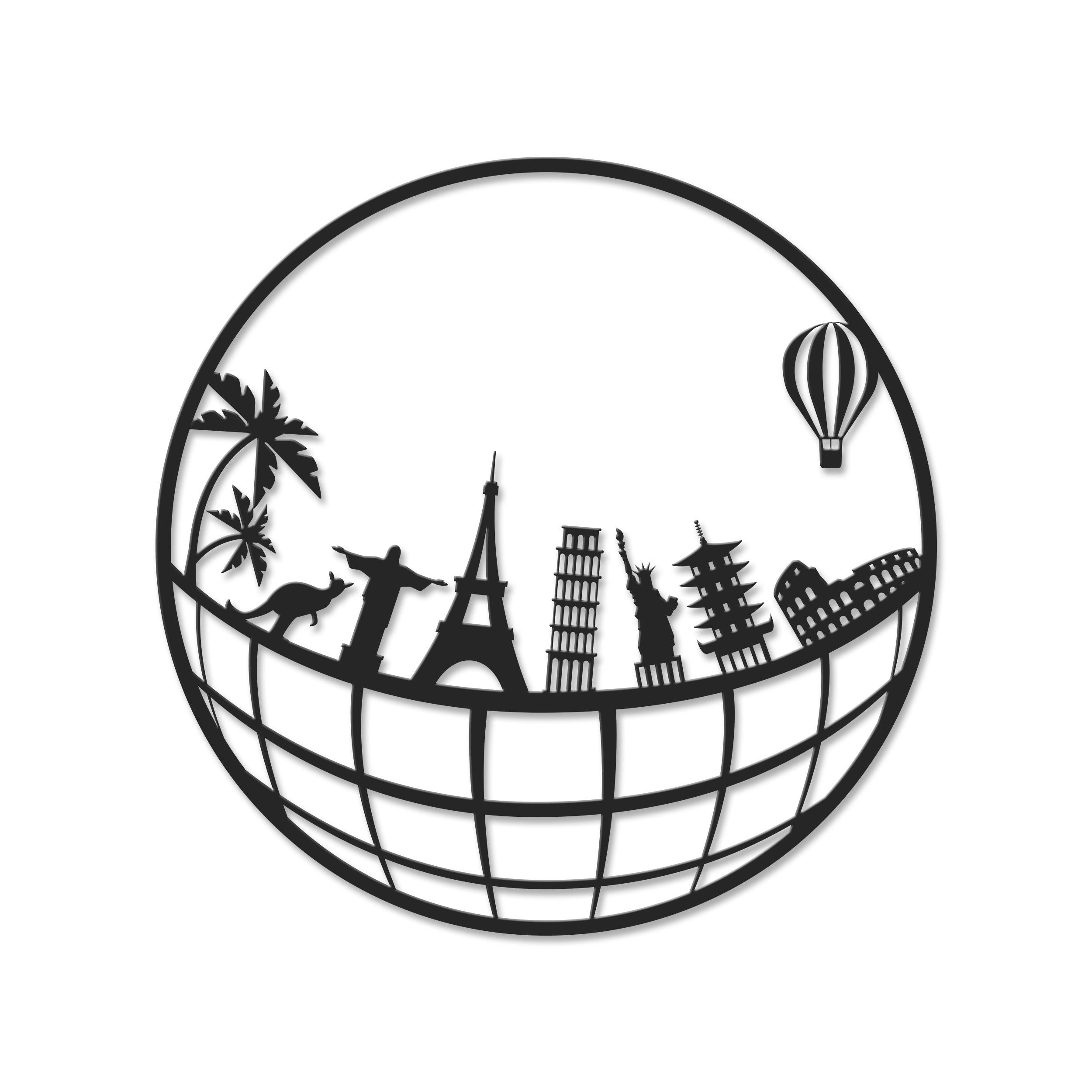 Travel metal wall art in Texture Black, 45cm diameter, on a white background