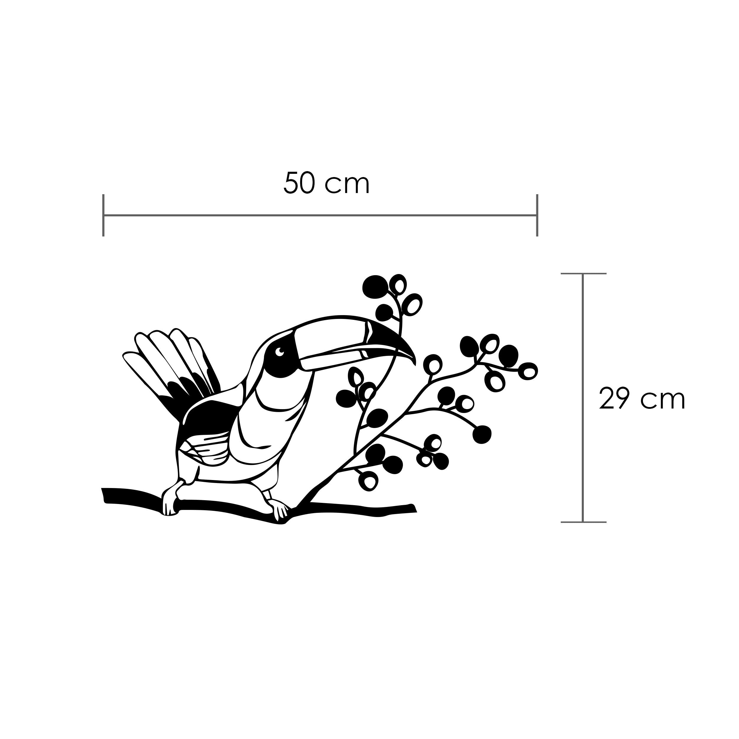 Dimension diagram of the Toucan metal wall art showing 50x29cm size