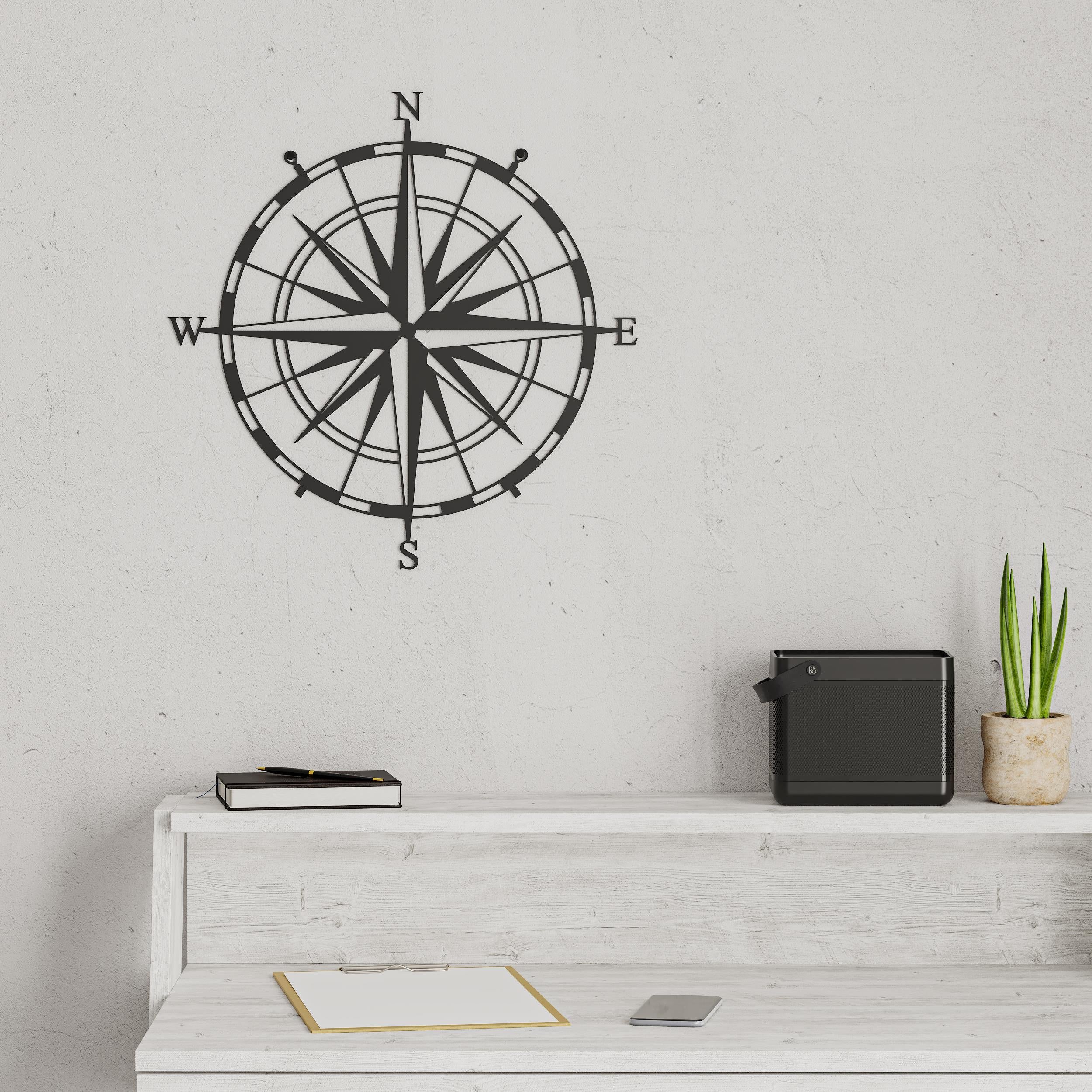 Compass metal wall art, Texture Black, 45cm diameter, alternate angle view