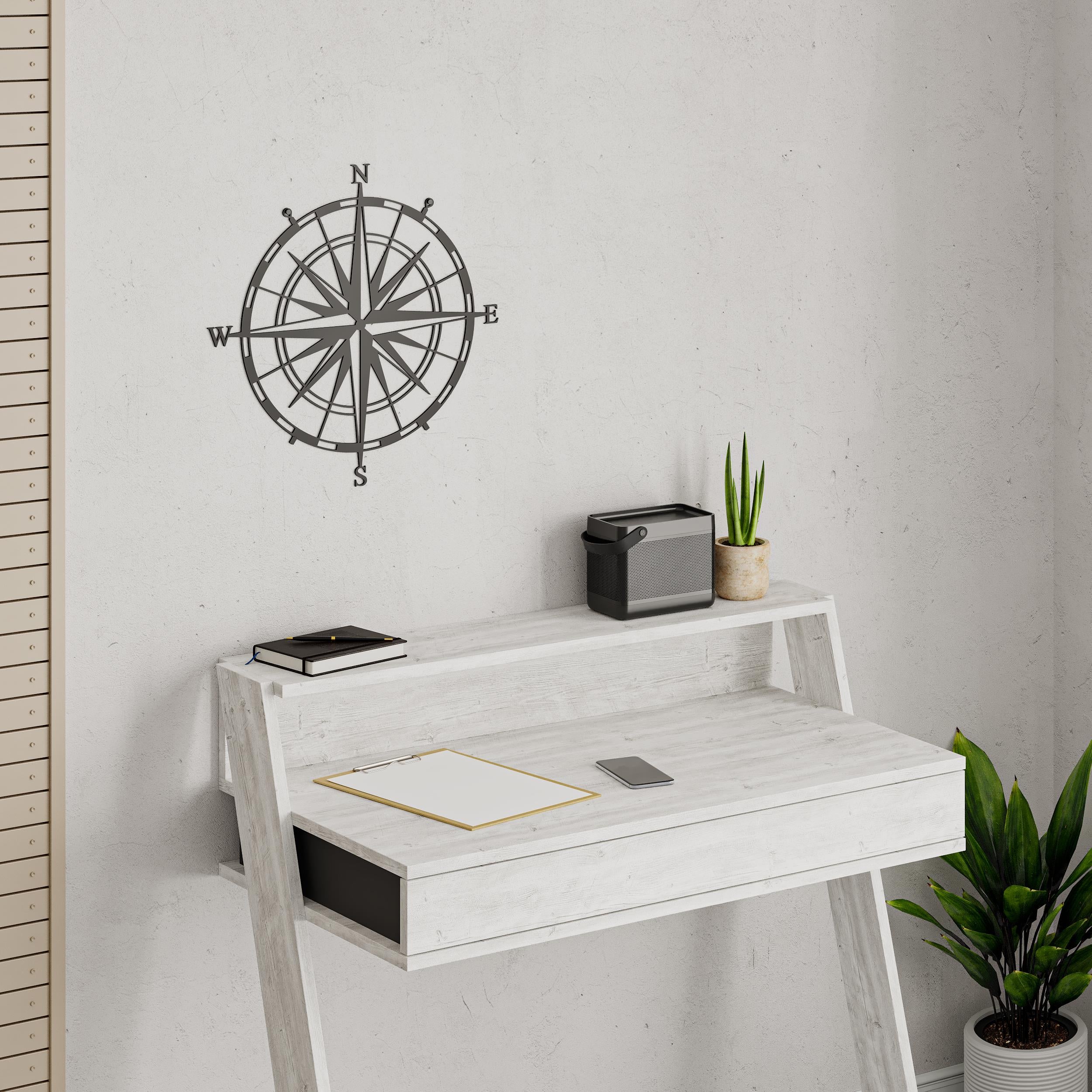 Compass metal wall art, Texture Black, 45cm diameter, styled with other wall decor