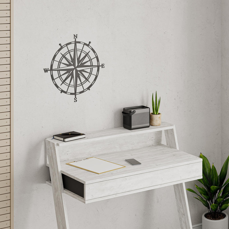 Compass metal wall art, Texture Black, 45cm diameter, styled with other wall decor