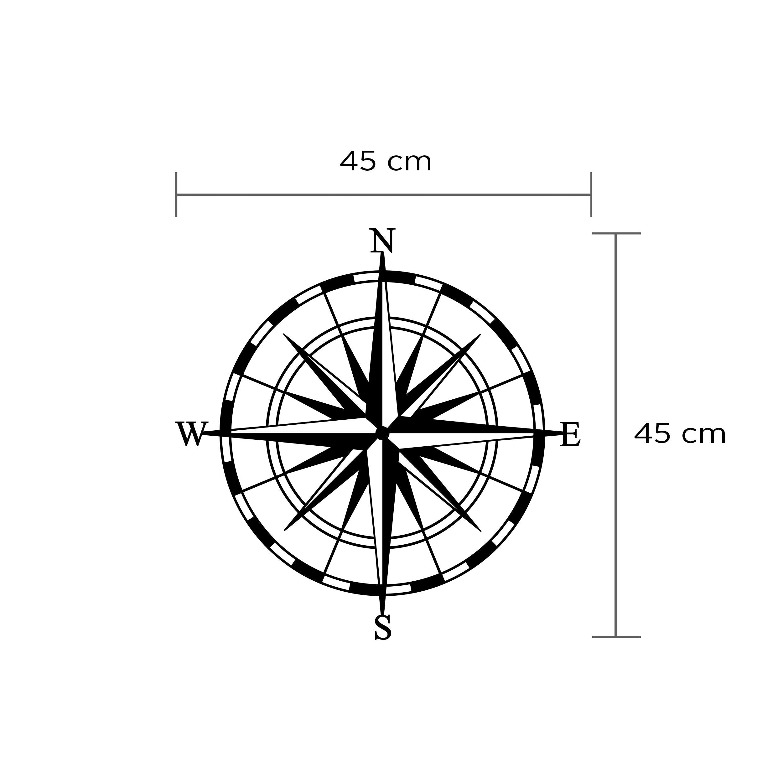 Dimension diagram of the Compass metal wall art, 45cm diameter