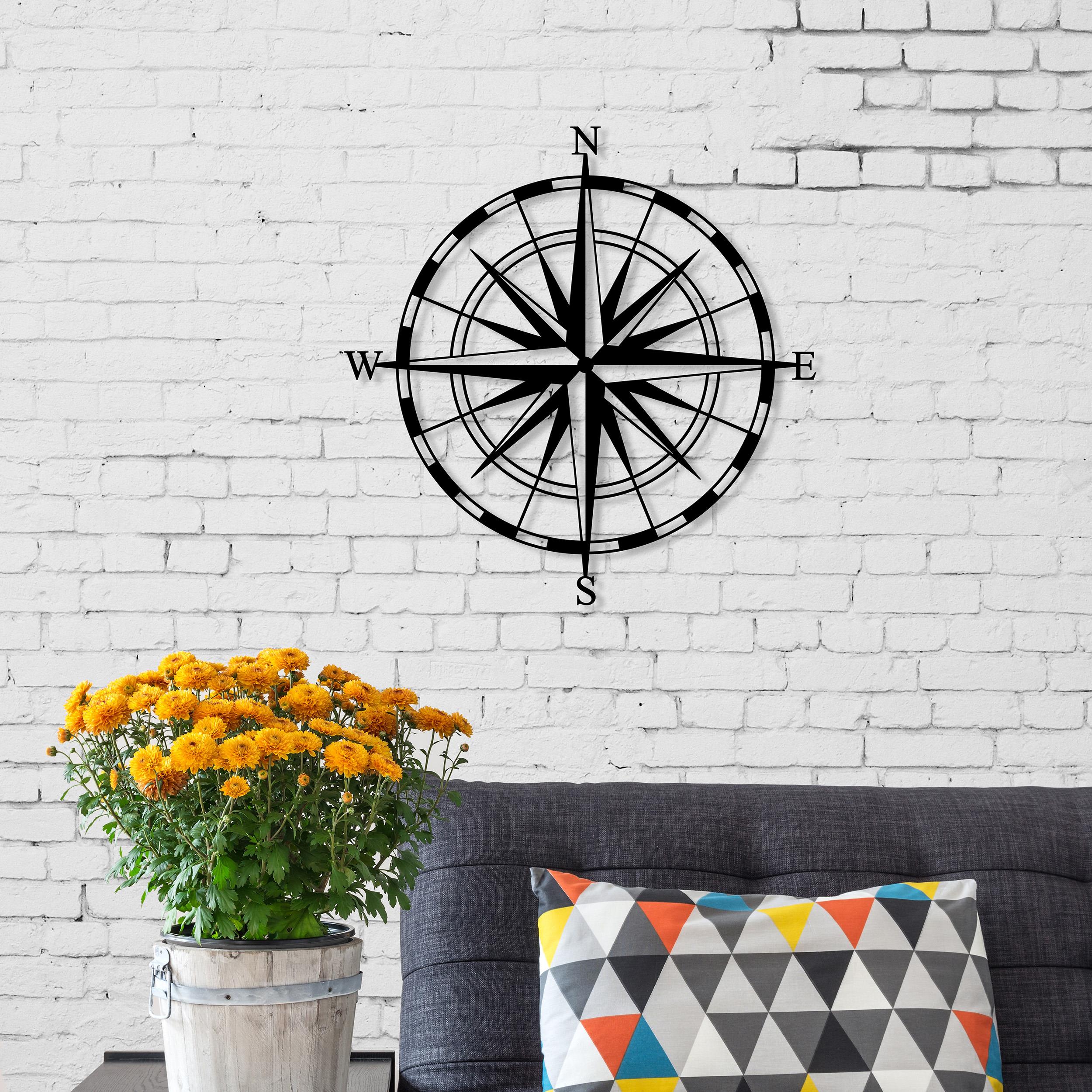 Compass metal wall art, Texture Black, 45cm diameter, hero product image