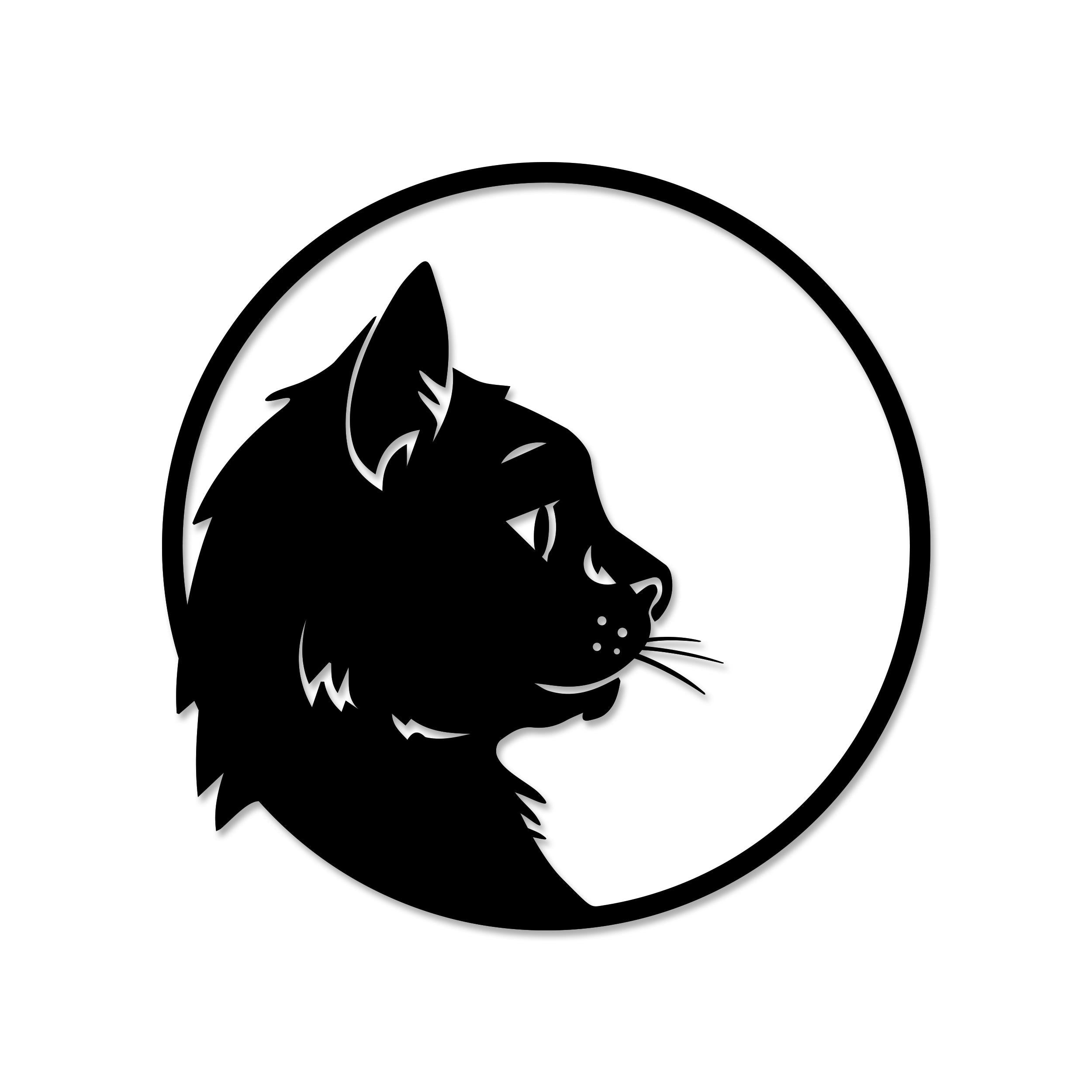 Cat Profile metal wall art in Texture Black, 46cm diameter, on a plain white background