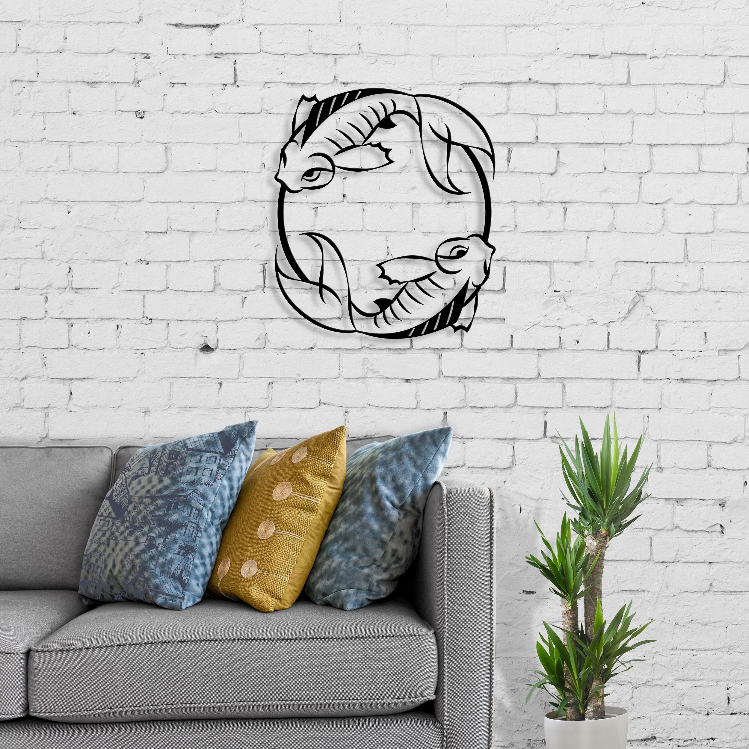 Japanese Fish metal wall art, Texture Black, 40x45cm, styled on a living room wall