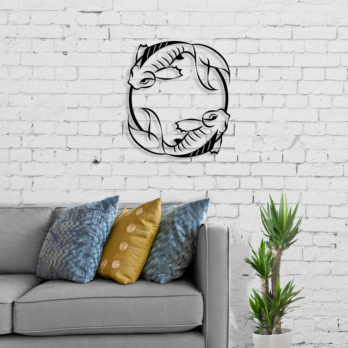 Japanese Fish metal wall art, Texture Black, 40x45cm, styled on a living room wall