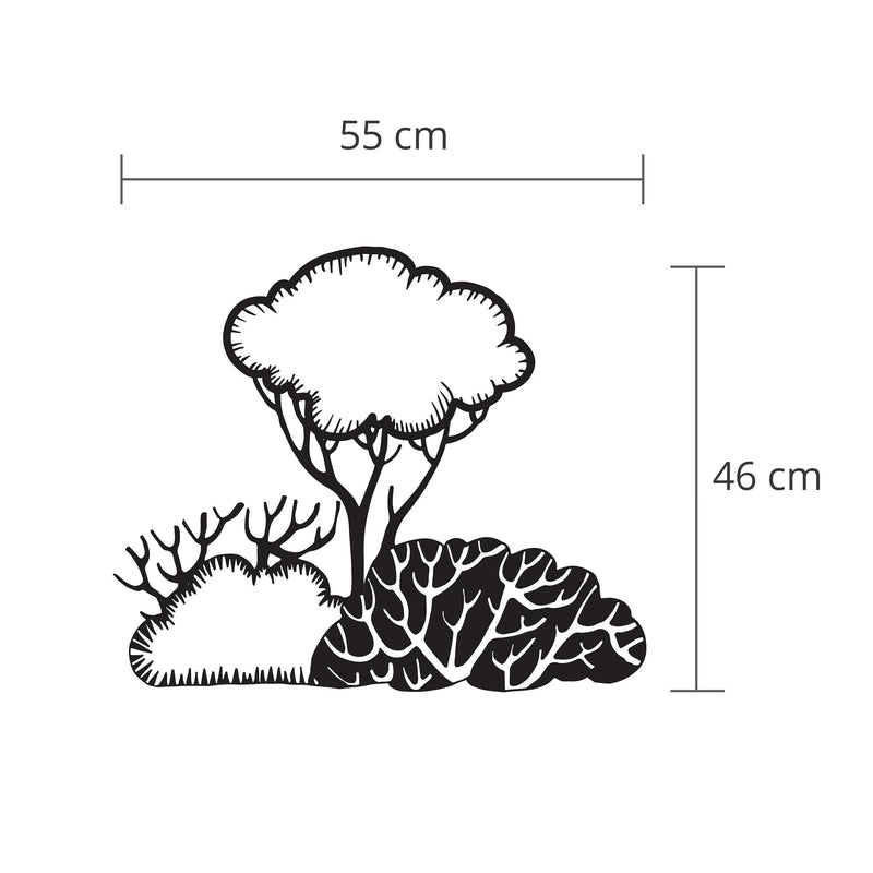 Dimension diagram of the Bushes metal wall art, 55x46cm