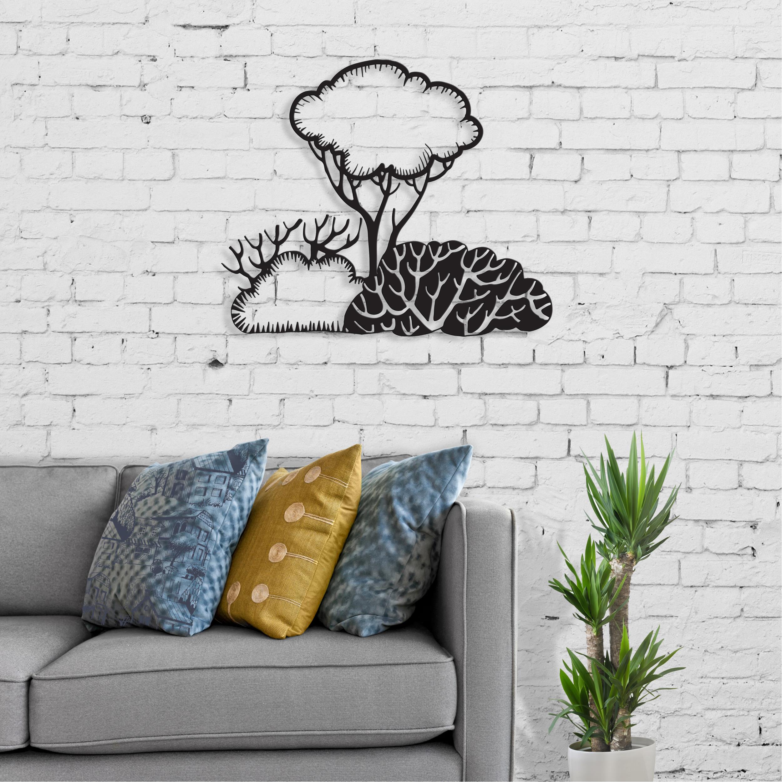 Bushes metal wall art, Texture Black, 55x46cm, styled on a living room wall