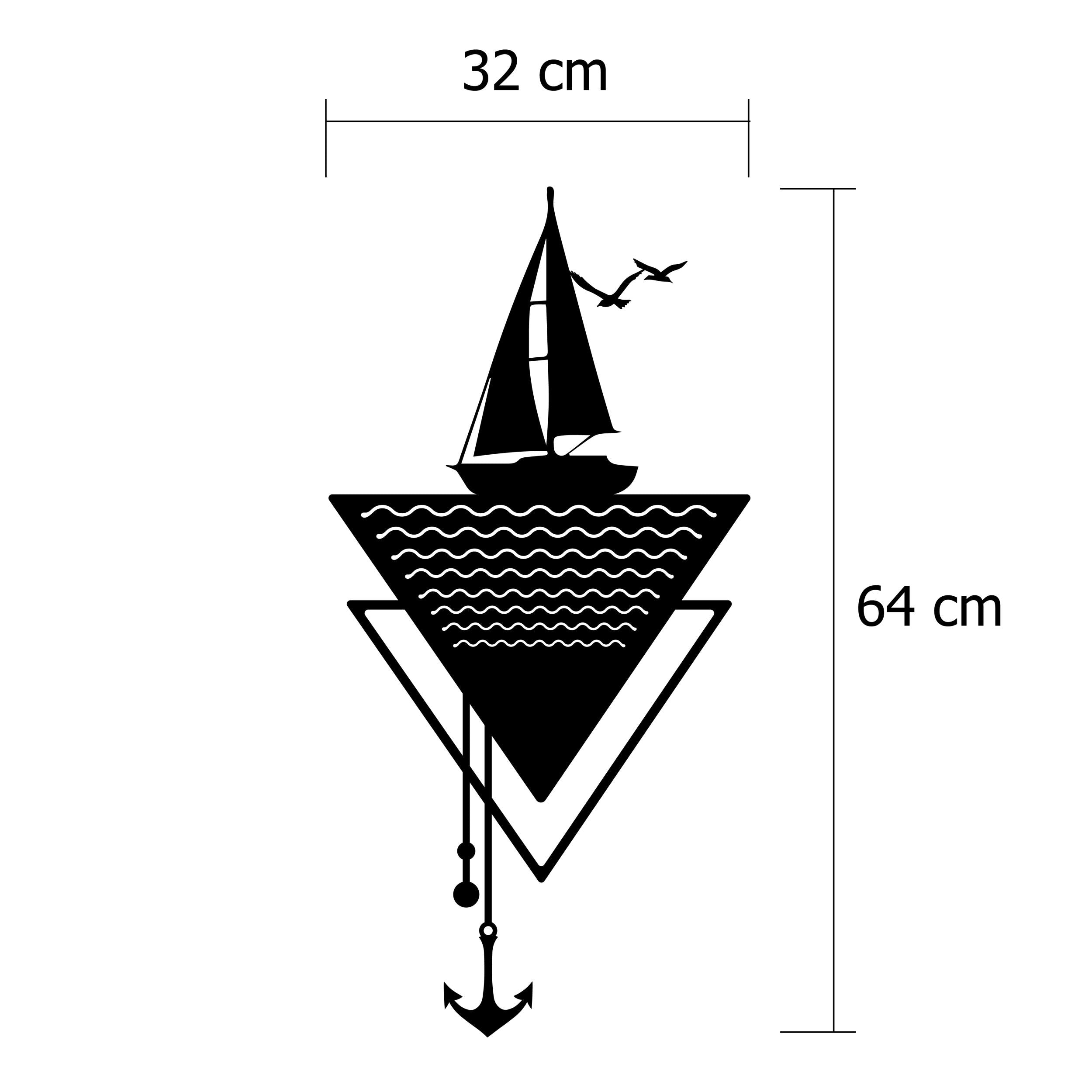 Size diagram showing the 32x64cm dimensions of the Anchor metal wall art