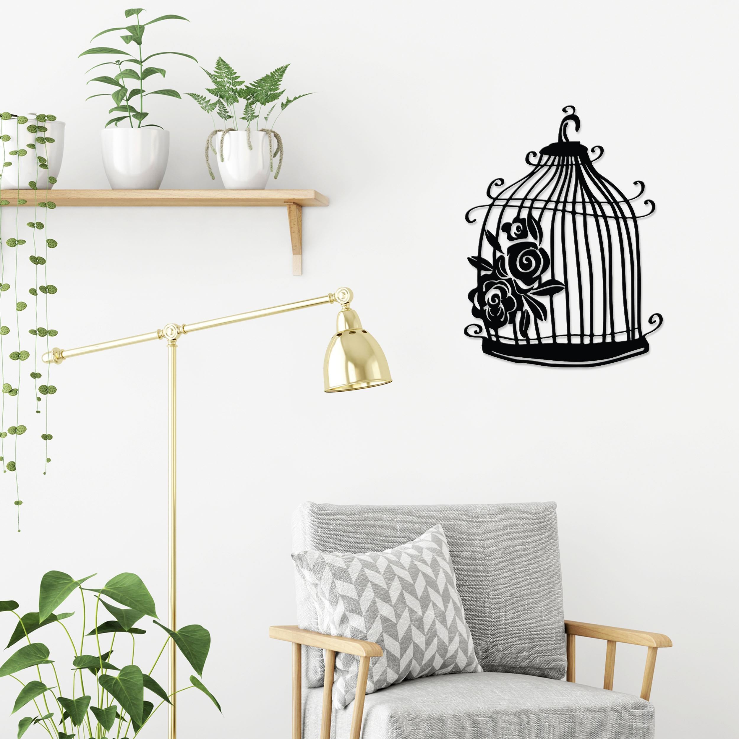 Cage metal wall art in Texture Black hung above a sofa in a living room, 45x60cm