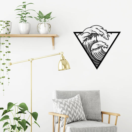 Waves metal wall art in Texture Black hung above a sofa in a living room, 60x56cm
