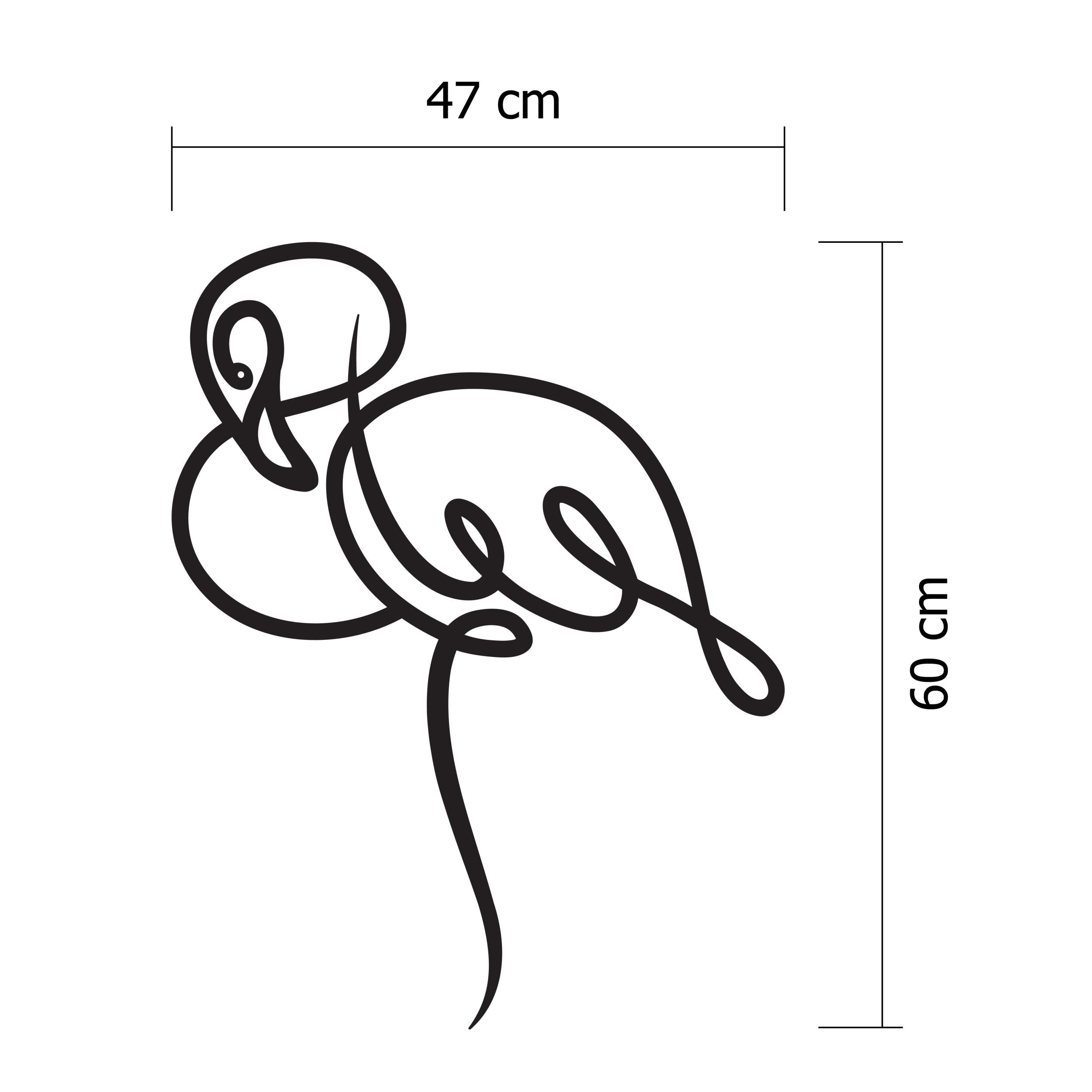Size diagram showing the 47x60cm dimensions of the Flamingo metal wall art