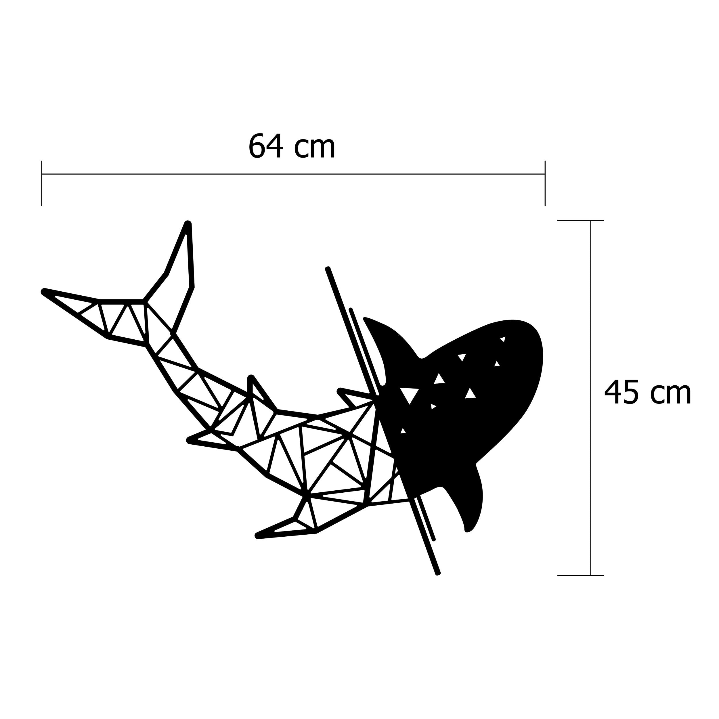Size diagram showing the 64x45cm dimensions of the Shark metal wall art