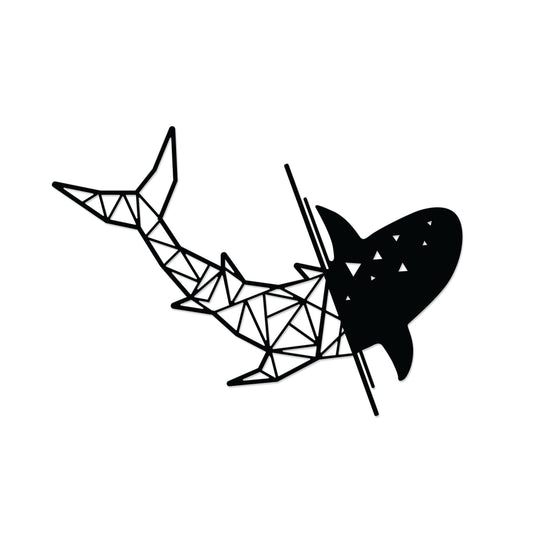 Shark metal wall art in Texture Black finish on a white background, 64x45cm