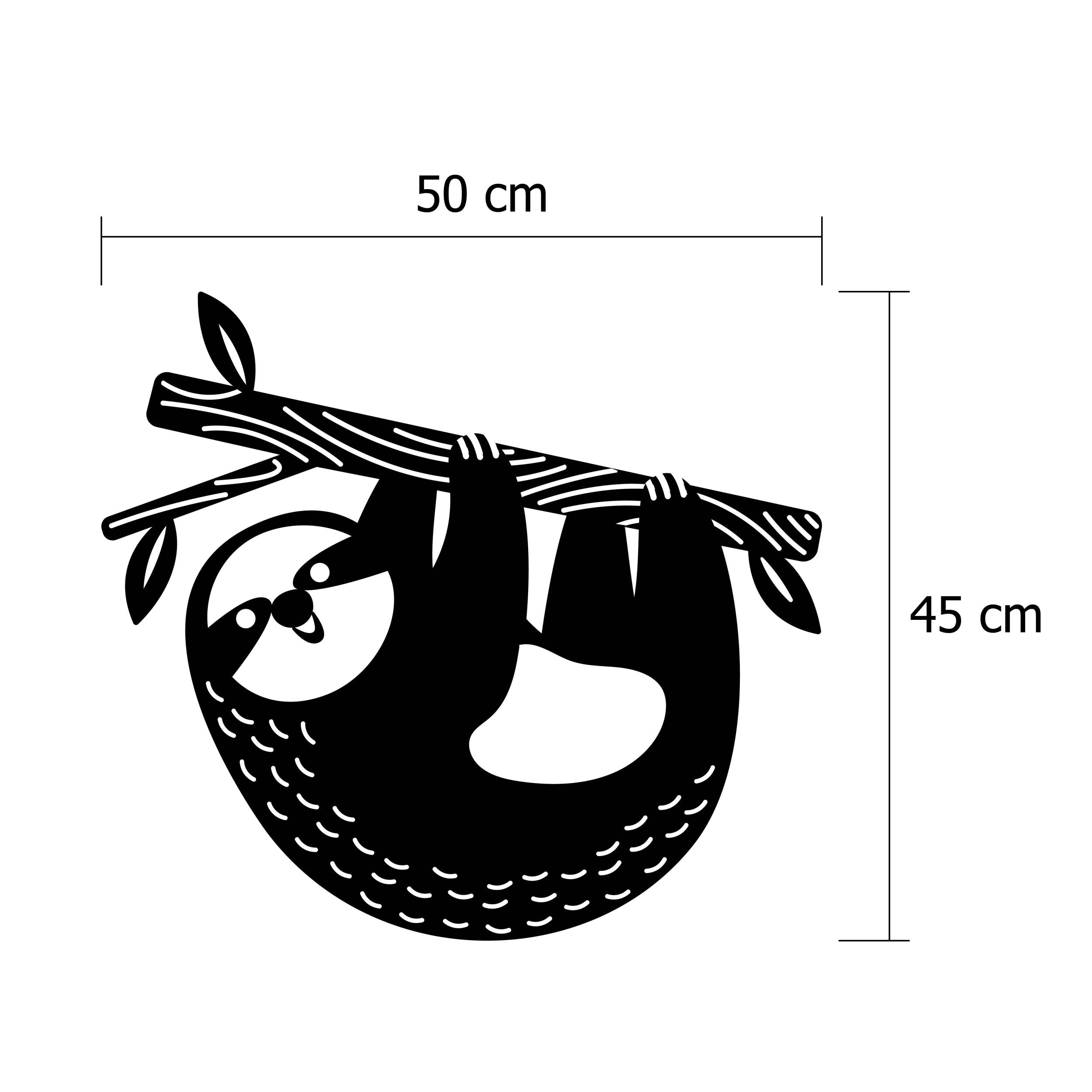 Size diagram showing the 50x45cm dimensions of the Slothy metal wall art
