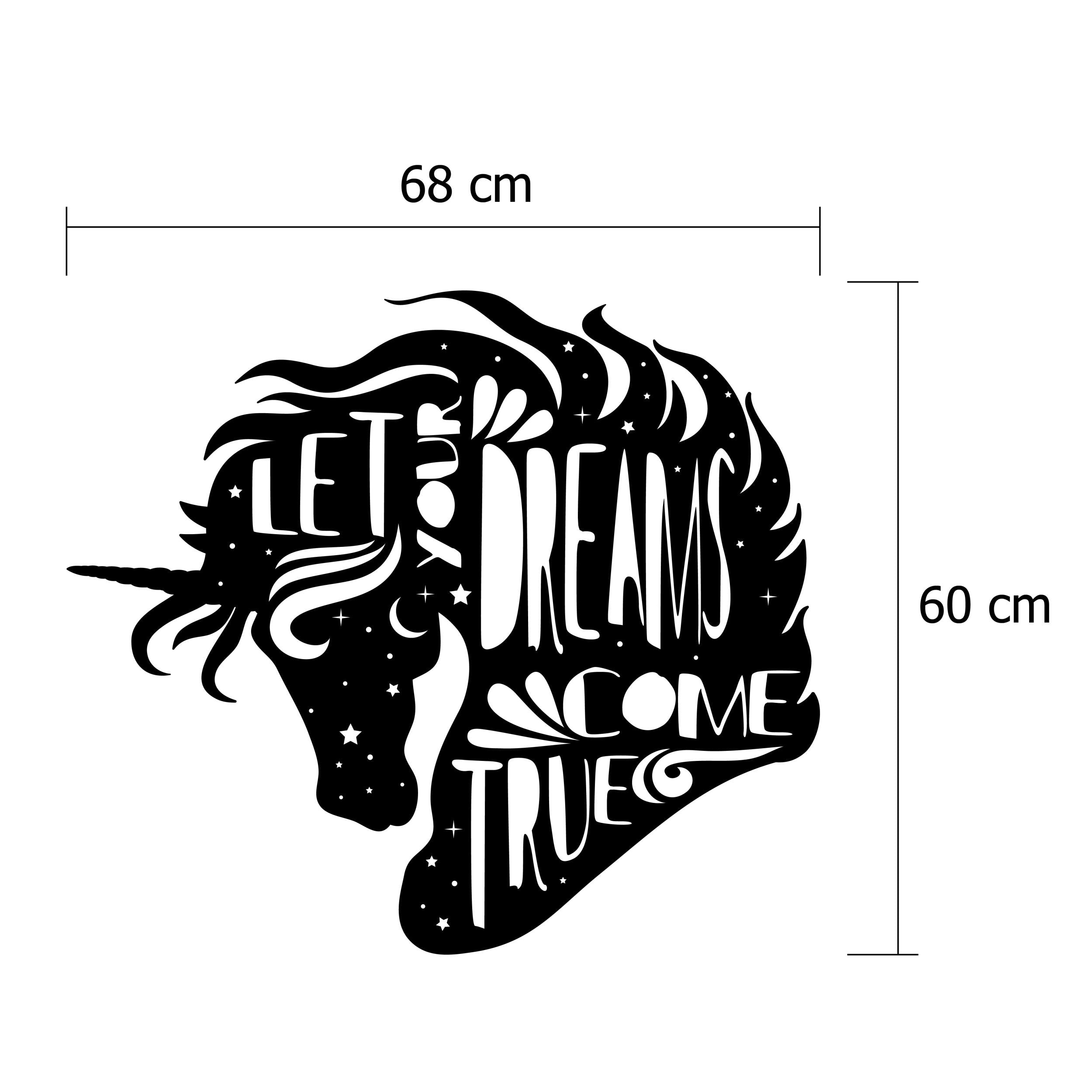 Size diagram showing the 68x60cm dimensions of the Dreams Come True metal wall art