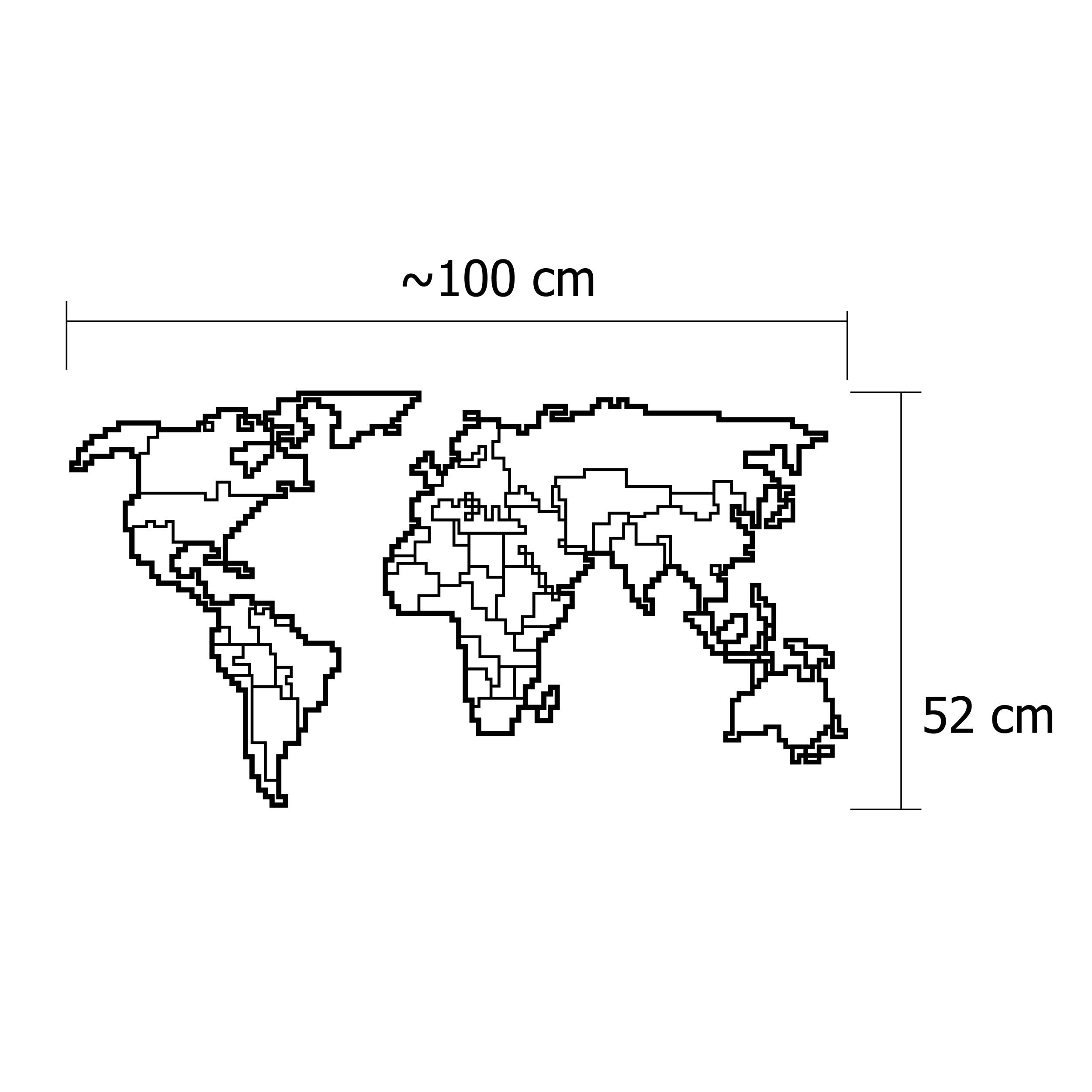 Dimension diagram showing the 100x52cm size of the World Map metal wall art