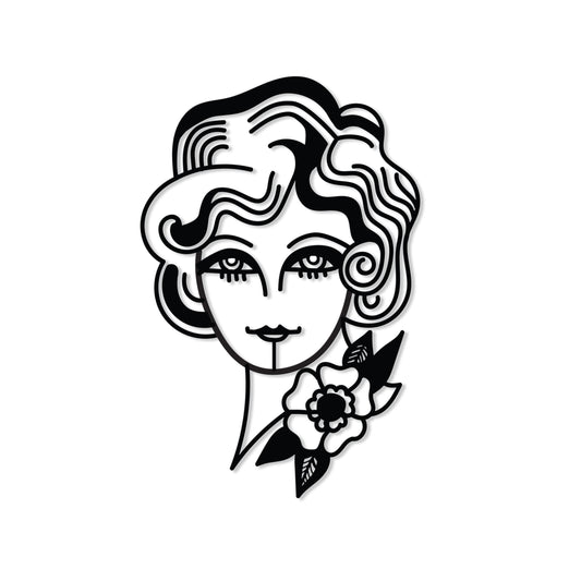 Woman In Flowers metal wall art, 33x50cm, shown on a plain white background