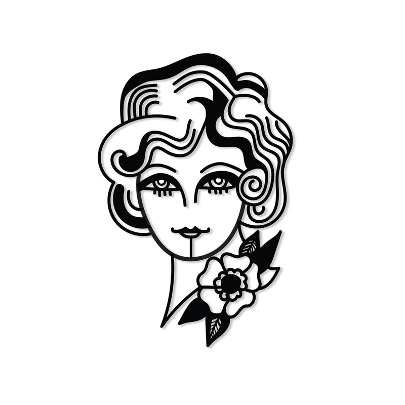 Woman In Flowers metal wall art, 33x50cm, shown on a plain white background