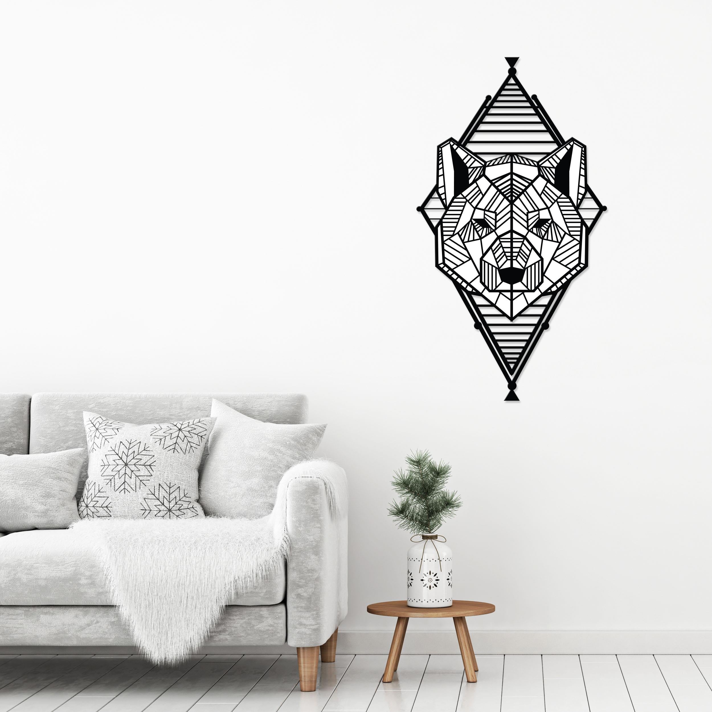 Geo Wild metal wall art, 33x60cm, hung above a console table in a living room