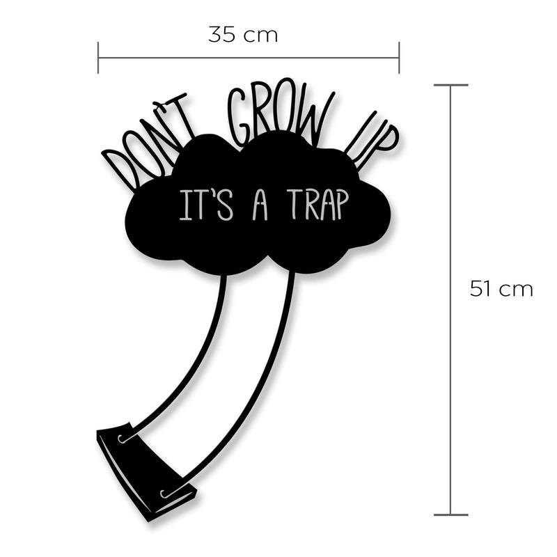 Dimension diagram showing the 35x51cm size of the Don't Grow Up metal wall art