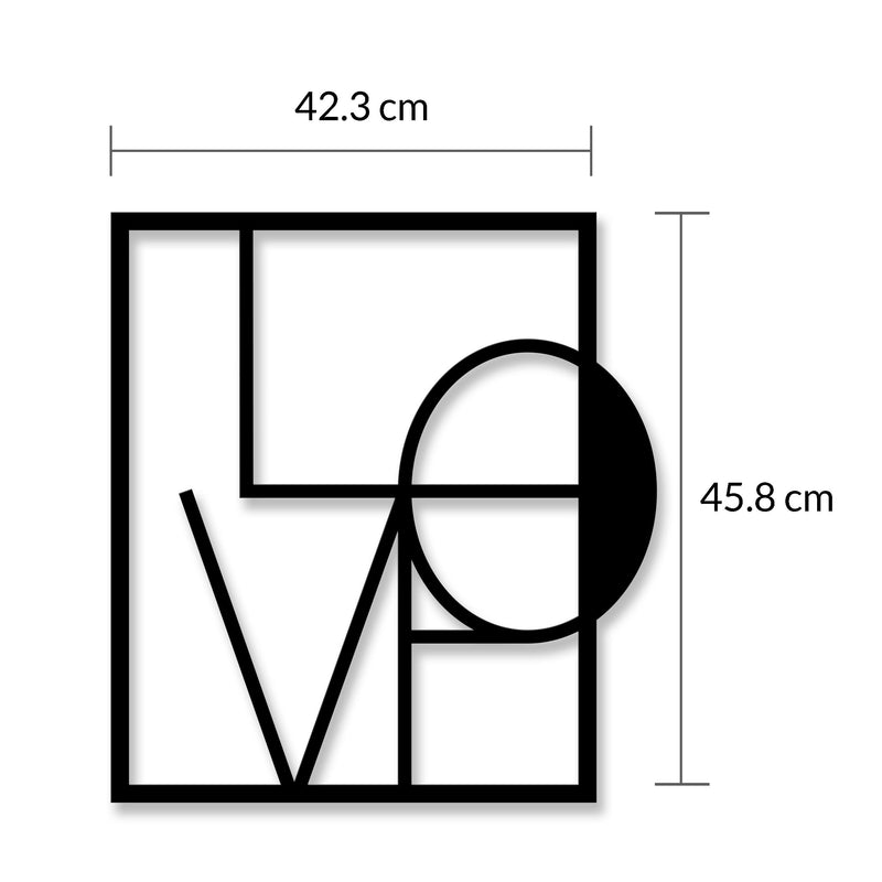 Dimension diagram showing the 42.3x45.8cm size of the Love metal wall art