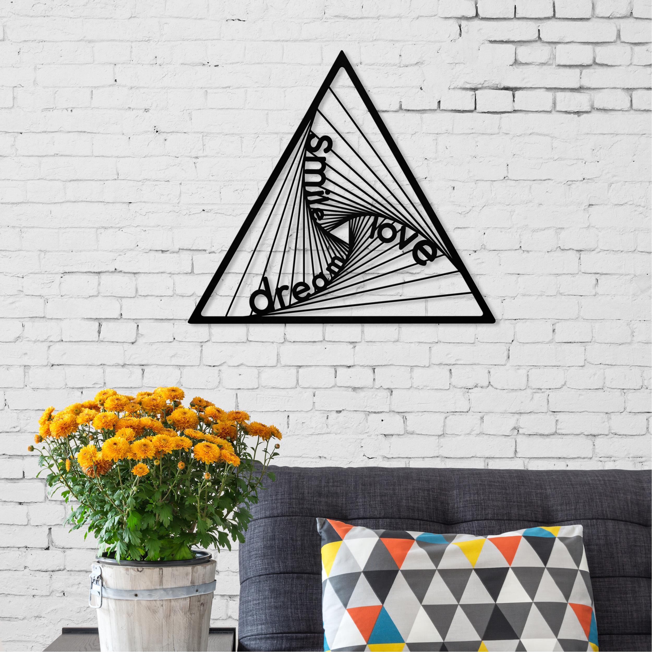 DSL Dream Smile Love metal wall art in Texture Black hanging in a living room, 45x40cm