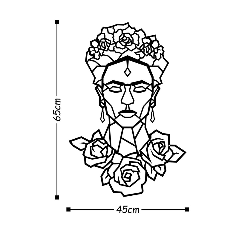 Dimension diagram of the Frida Rose Black metal wall art showing 65x45cm size