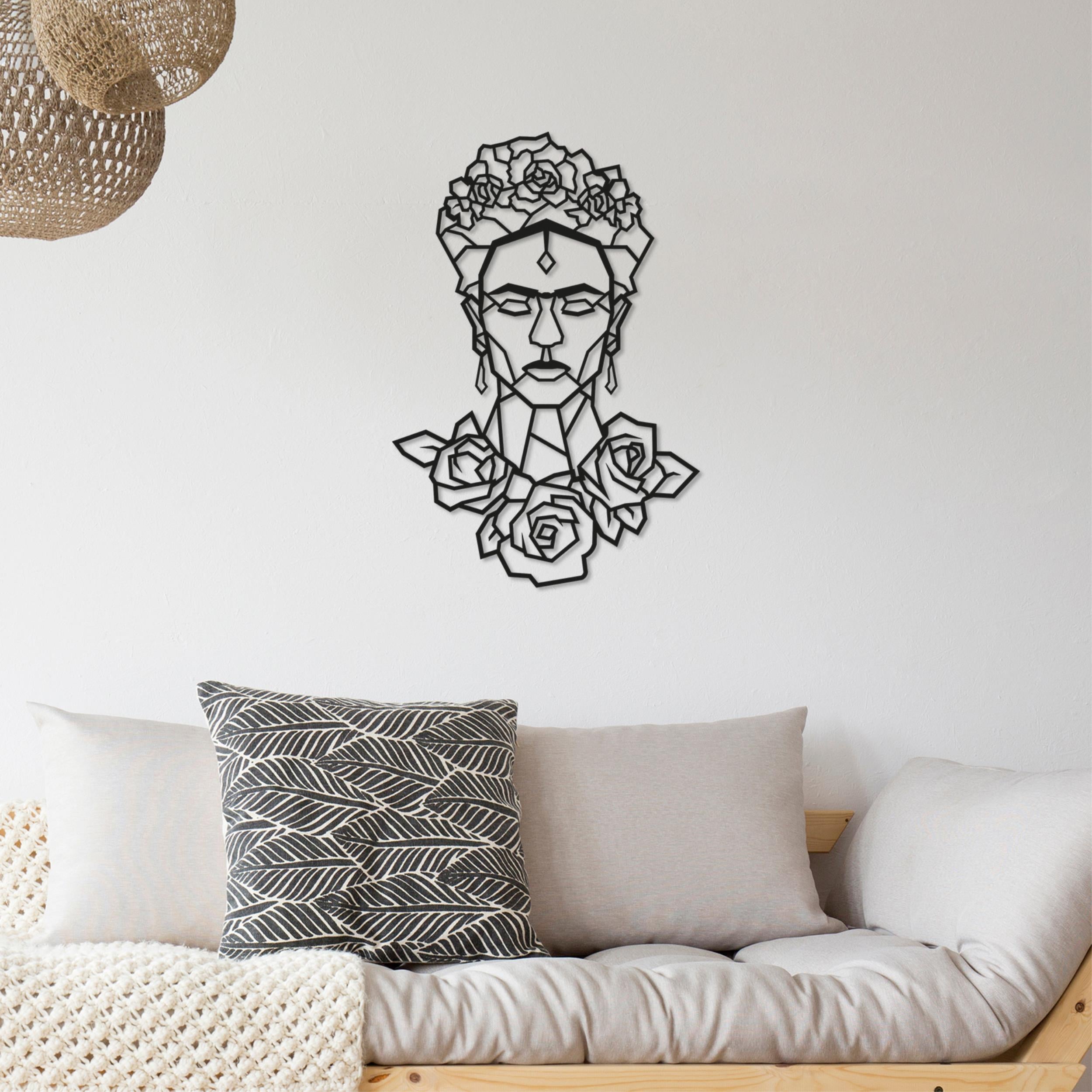 Frida Rose Black metal wall art hanging in a living room, 65x45cm stylised portrait design