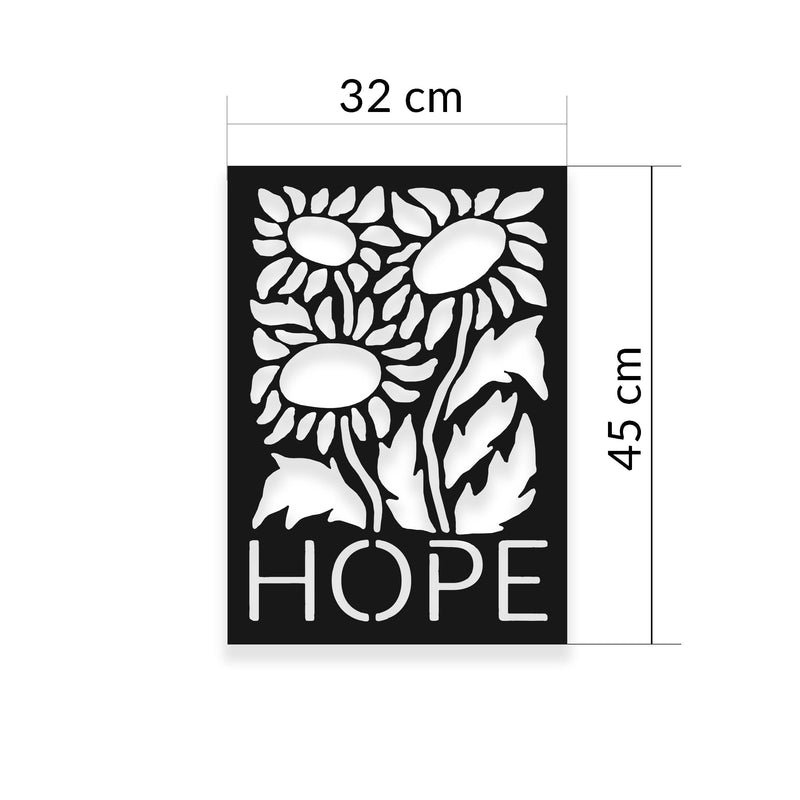 Dimension diagram of the Hope metal wall art showing 32x45cm size