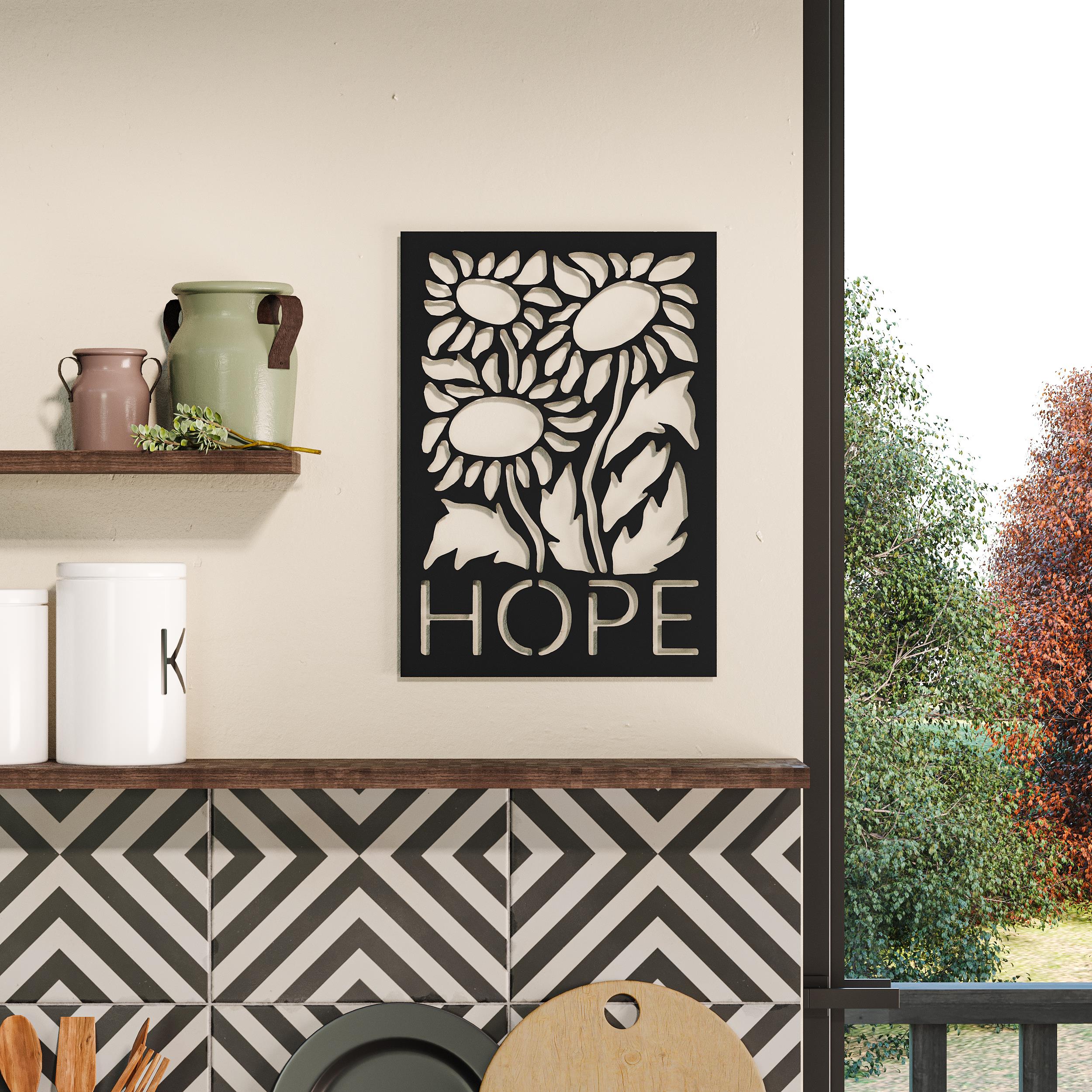 Hope metal wall art in Texture Black hanging in a living room, 32x45cm