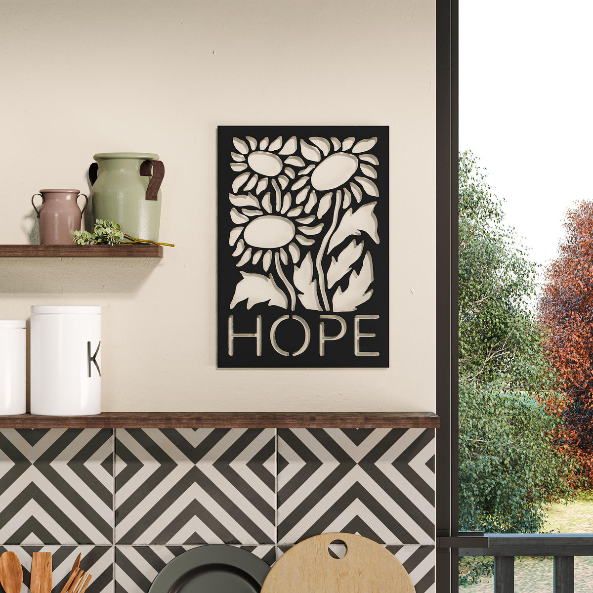 Hope metal wall art in Texture Black hanging in a living room, 32x45cm
