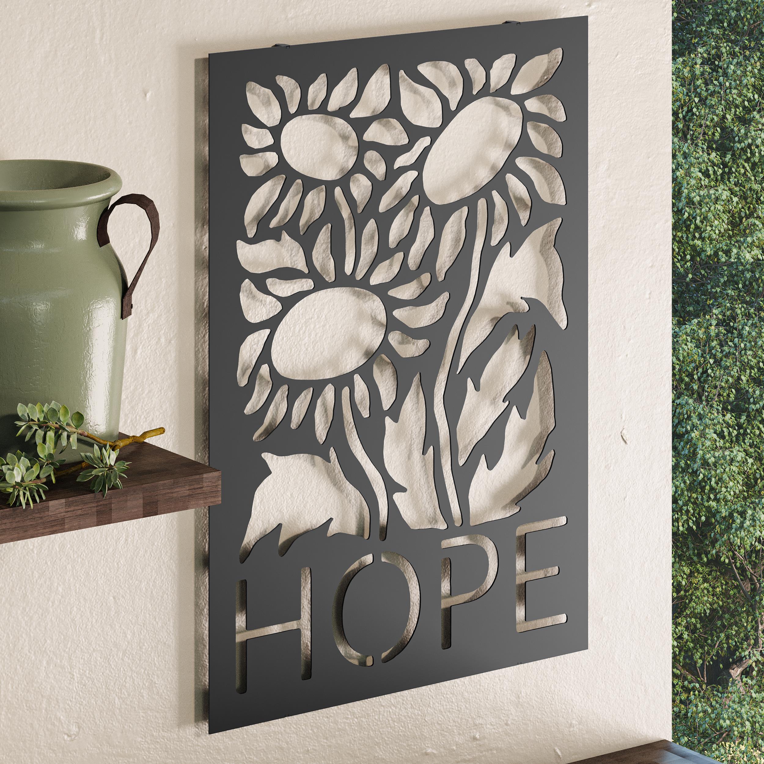 Close-up detail of the cut lettering on the Hope metal wall art