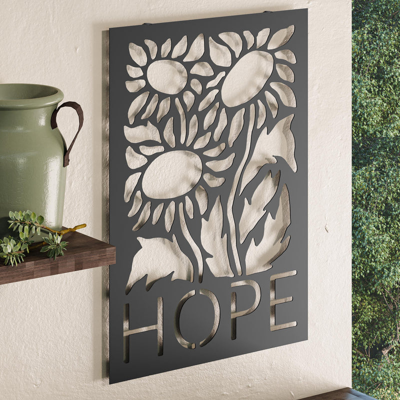 Close-up detail of the cut lettering on the Hope metal wall art