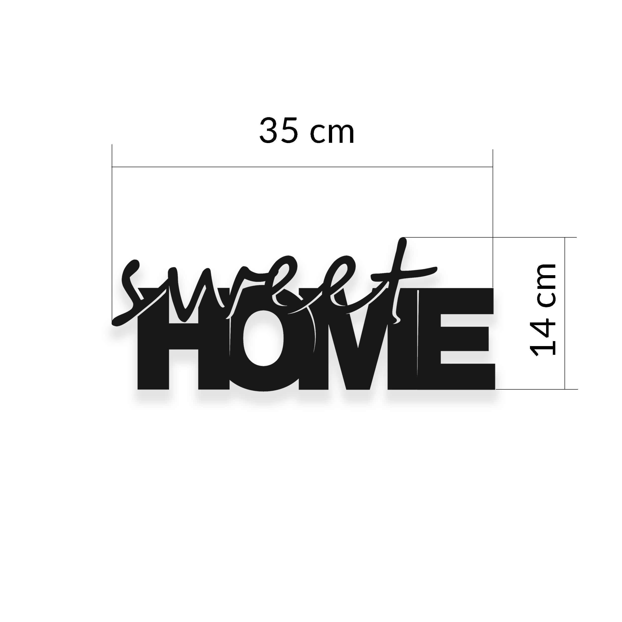 Dimension diagram of the Sweet Home metal decorative piece showing 35x14cm size