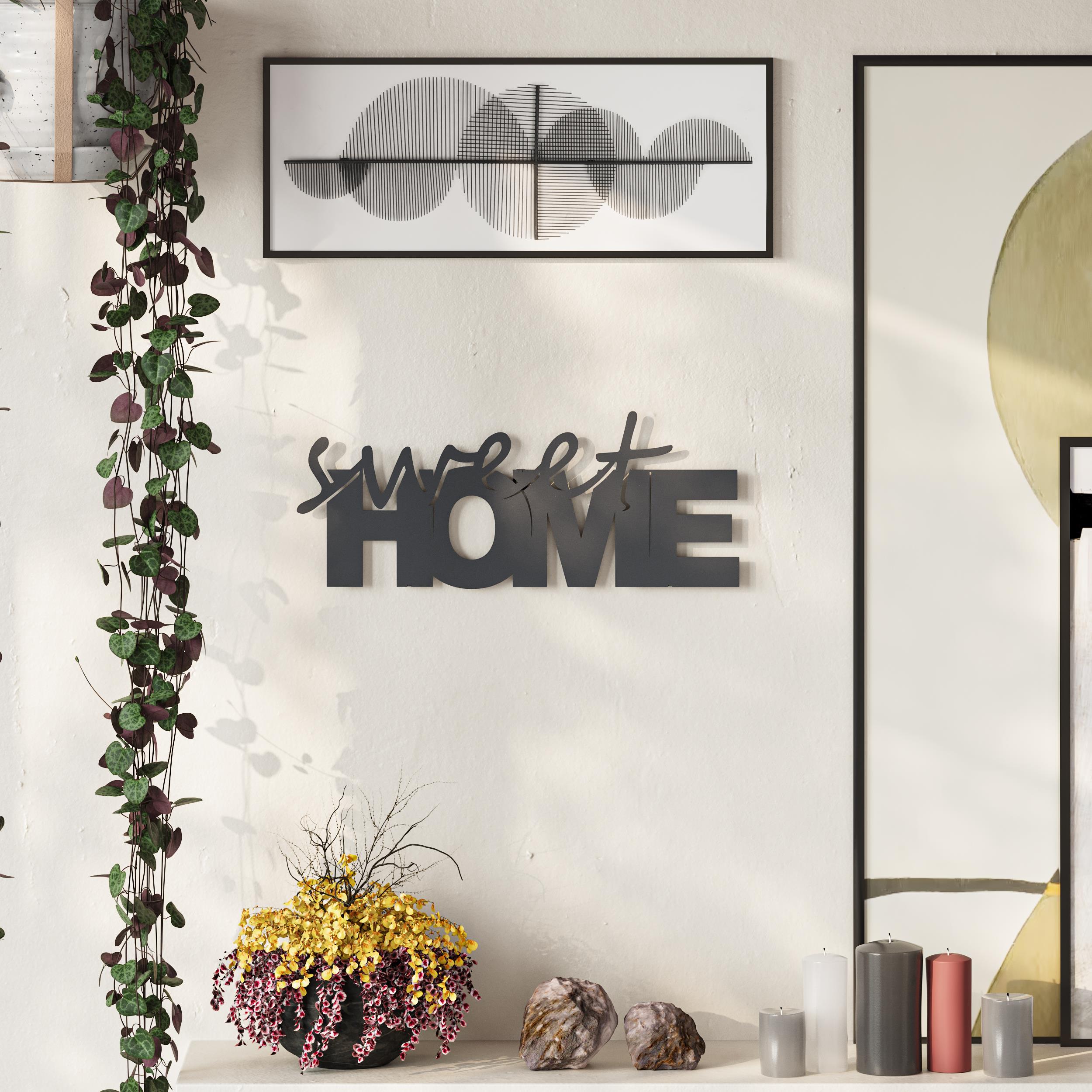 Sweet Home metal decorative wall art in Texture Black hanging in a hallway, 35x14cm