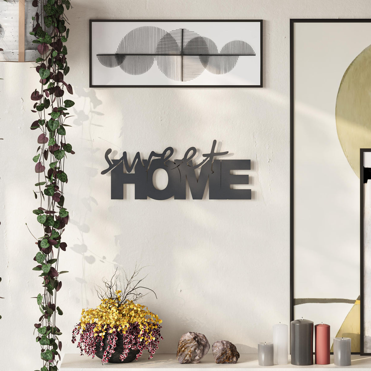 Sweet Home metal decorative wall art in Texture Black hanging in a hallway, 35x14cm