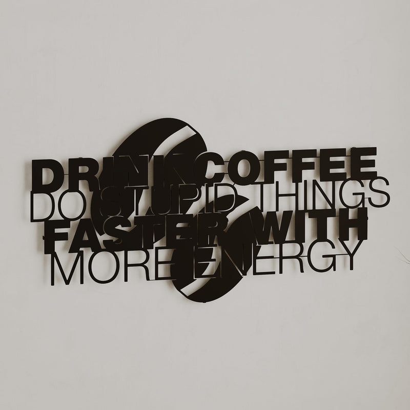 Close-up detail of the coffee cup motif on the Coffee For More Energy metal wall art