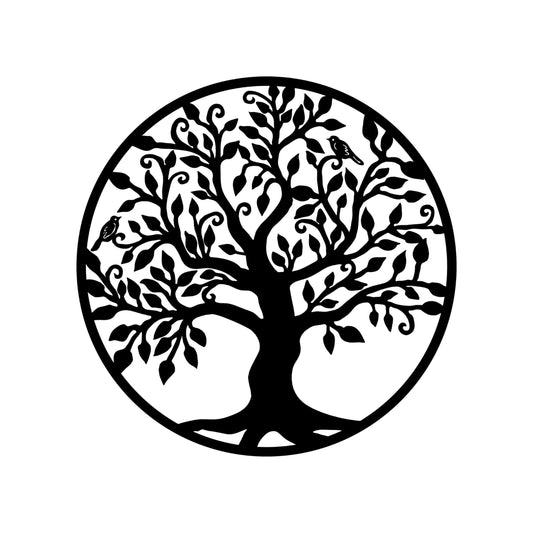 Tree with Birds Metal Wall Art (45cm) on a white background, tree of life with birds, circular design