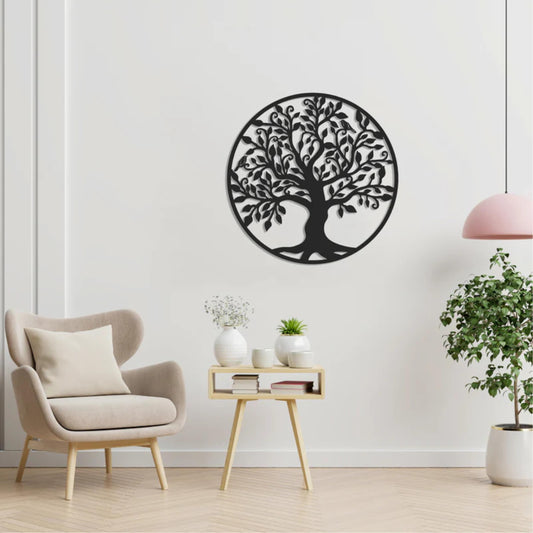 Tree with Birds Metal Wall Art (60cm) in Texture Black, hung above a side table