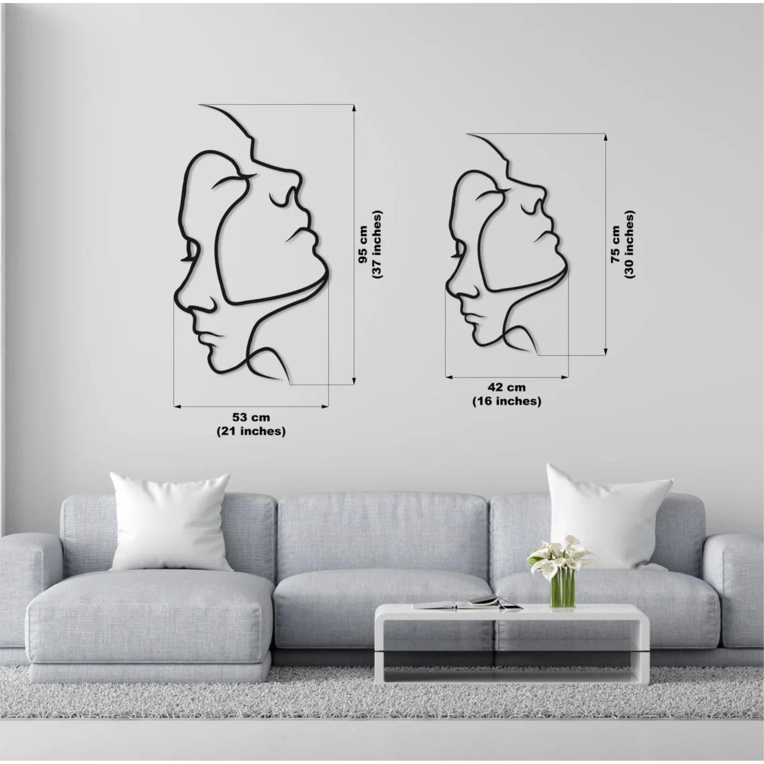 Two Face Metal Wall Art size diagram showing 75x42cm dimensions