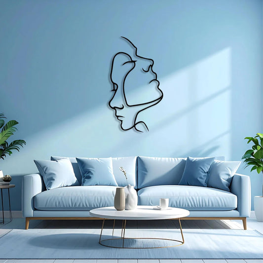 Two Face Metal Wall Art (95x53cm) in Texture Black, hung above a sofa