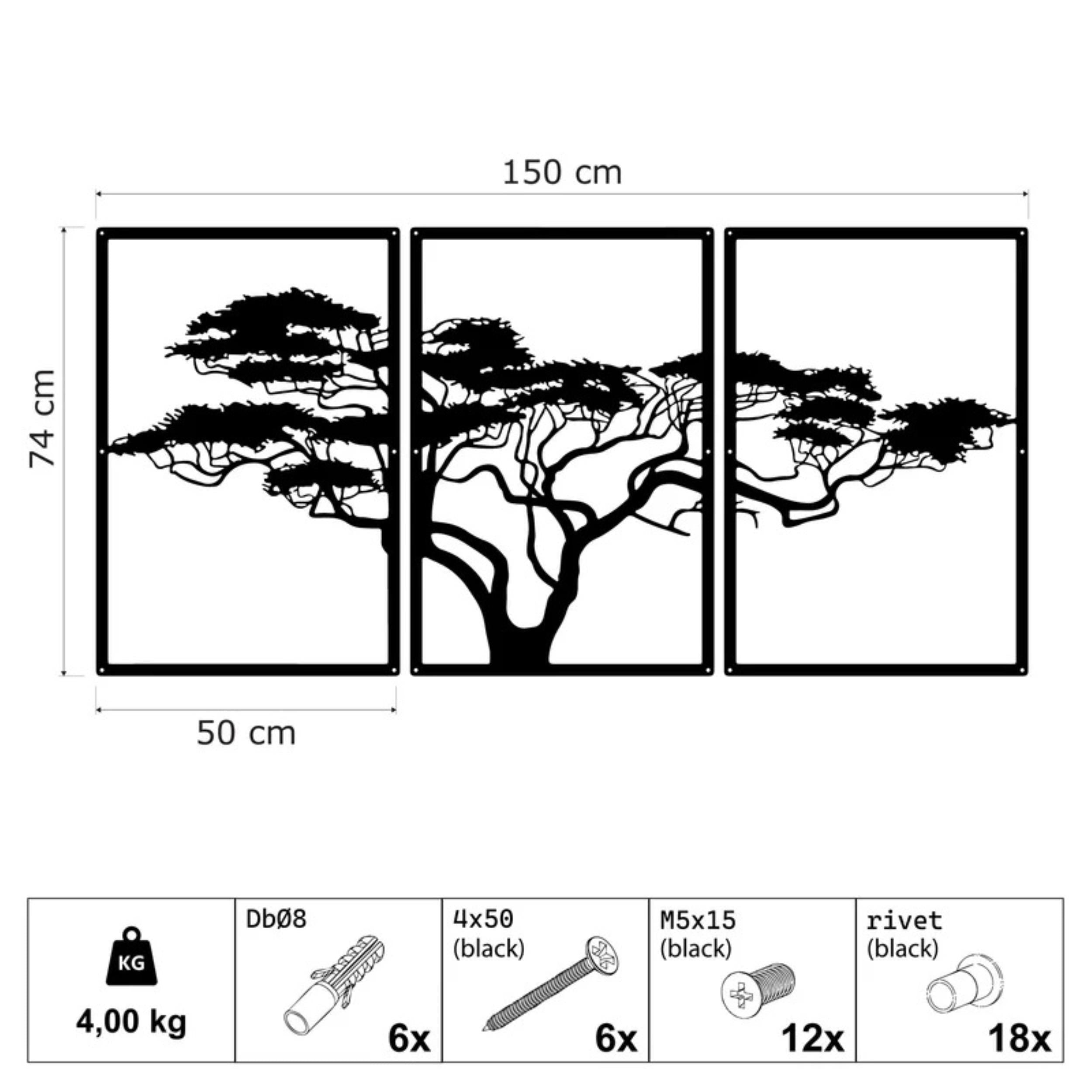African Tree Metal Wall Art size diagram showing 150x74cm dimensions