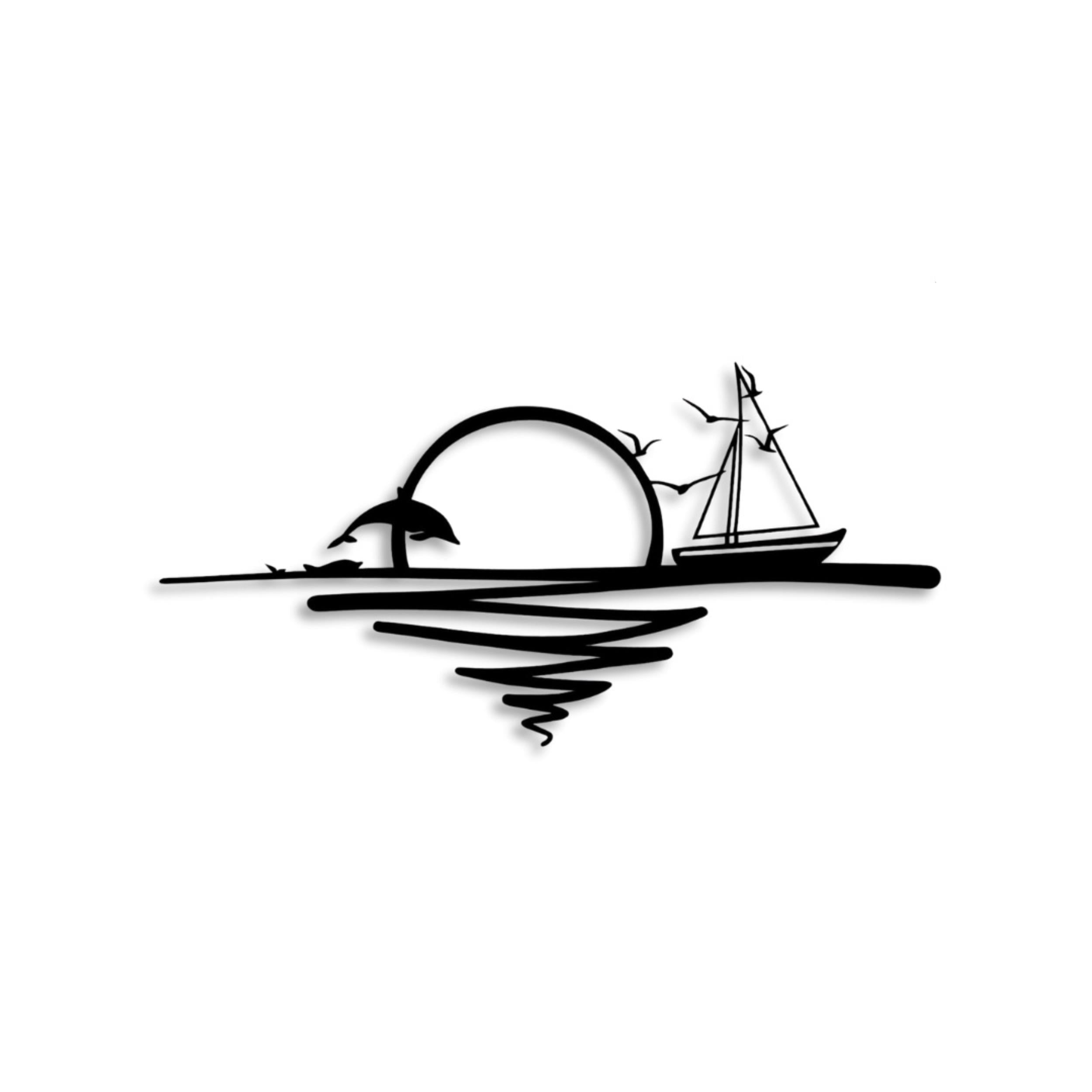 Rising Sun Metal Wall Art (75x37cm) on a white background, sailing boat, beach umbrella and sun, silhouette design