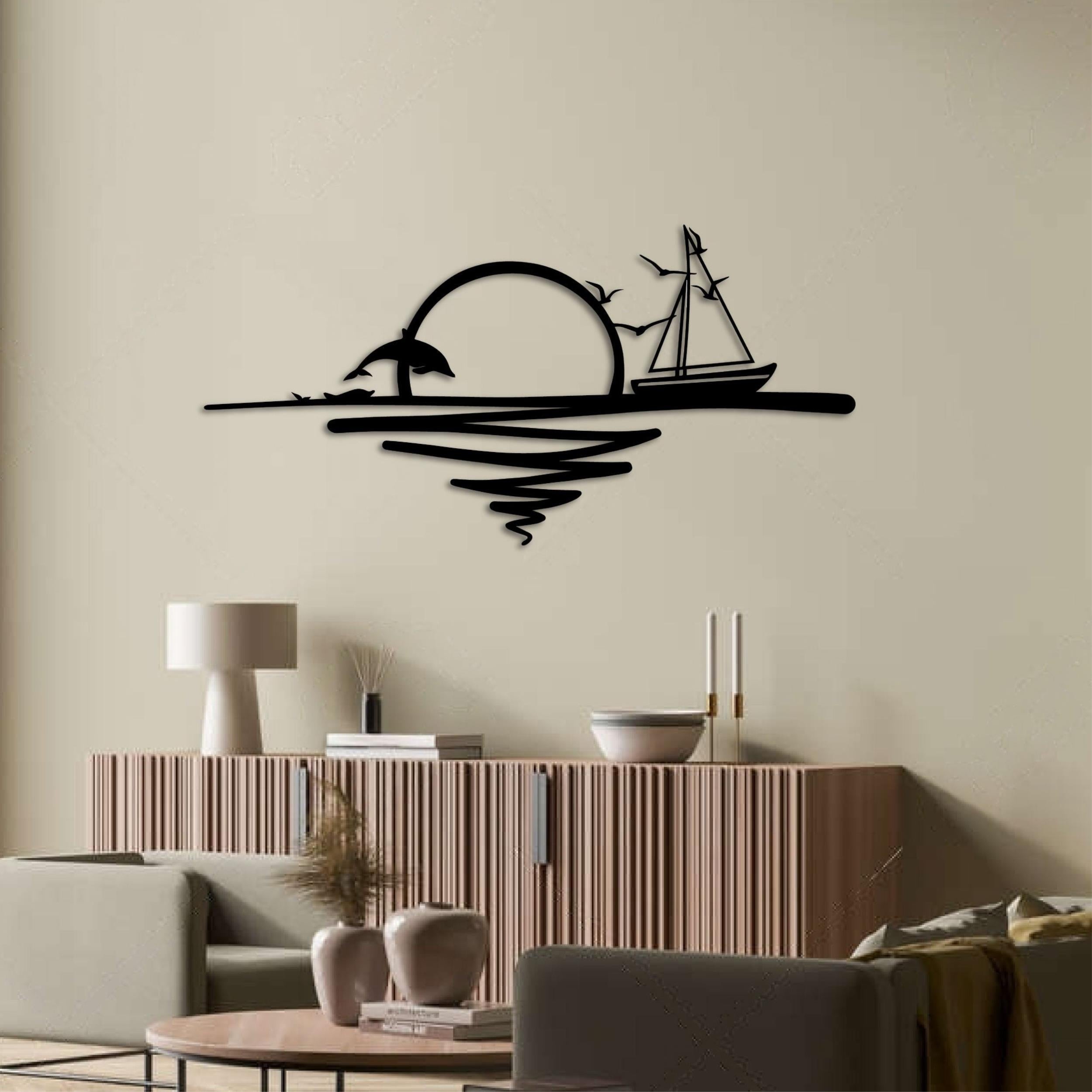 Rising Sun Metal Wall Art (90x44cm) displayed on a wall