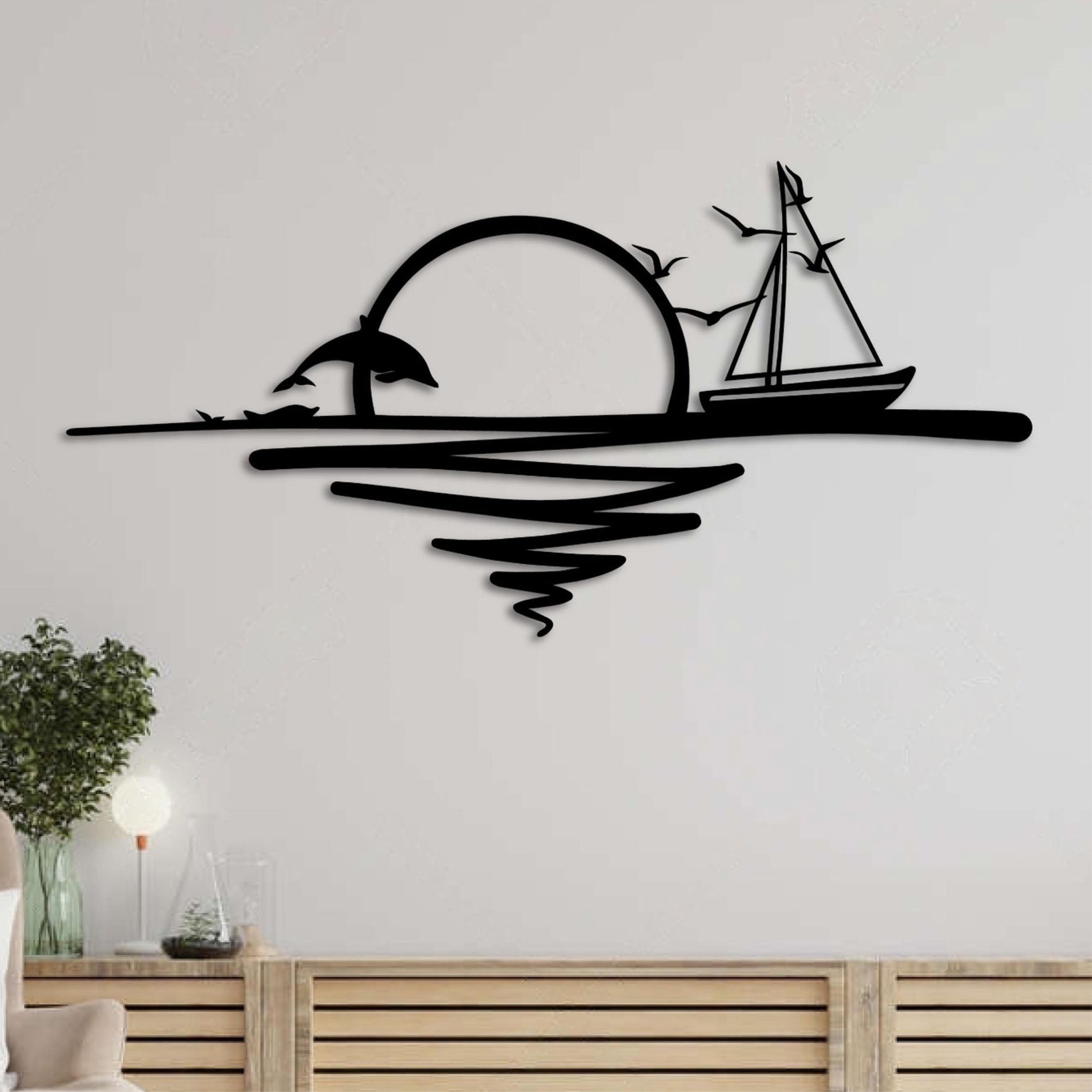 Rising Sun Metal Wall Art (90x44cm) in Texture Black, hung above a sideboard