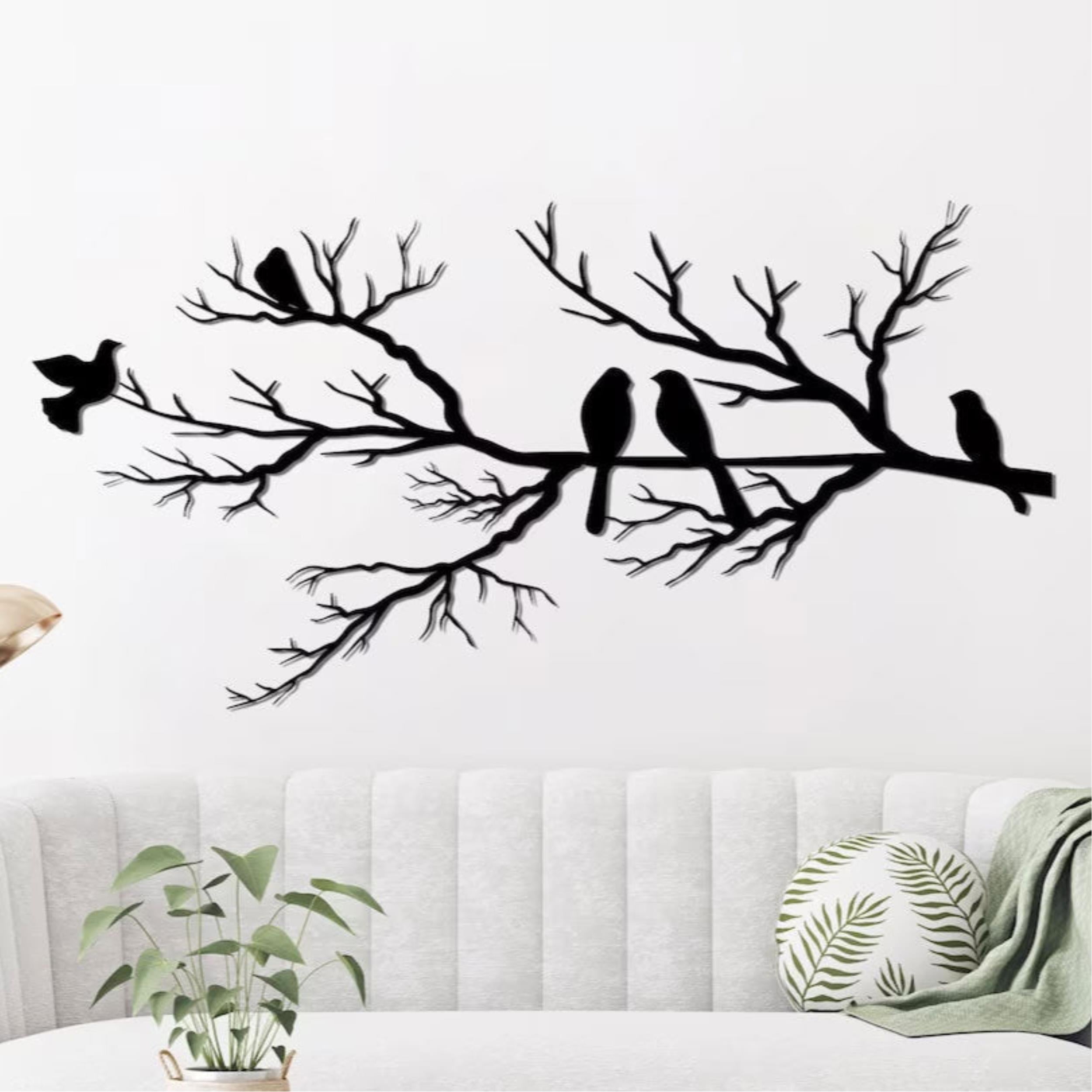 Birds on the Branch Metal Wall Art (60x30cm) displayed on a wall