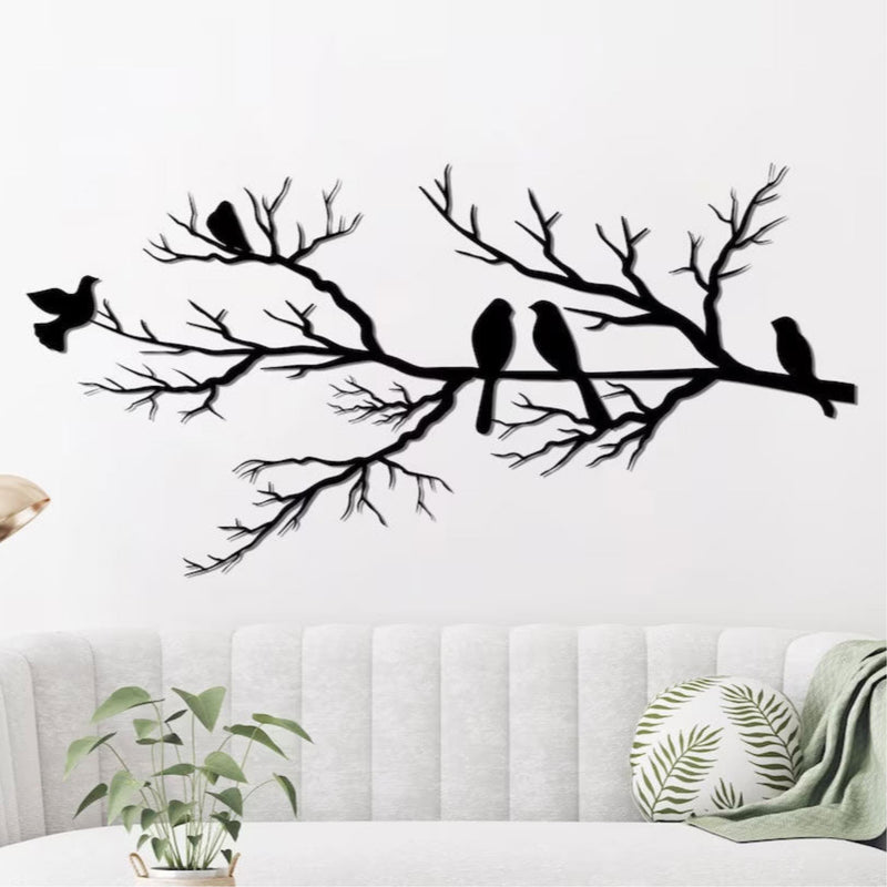 Birds on the Branch Metal Wall Art (60x30cm) displayed on a wall